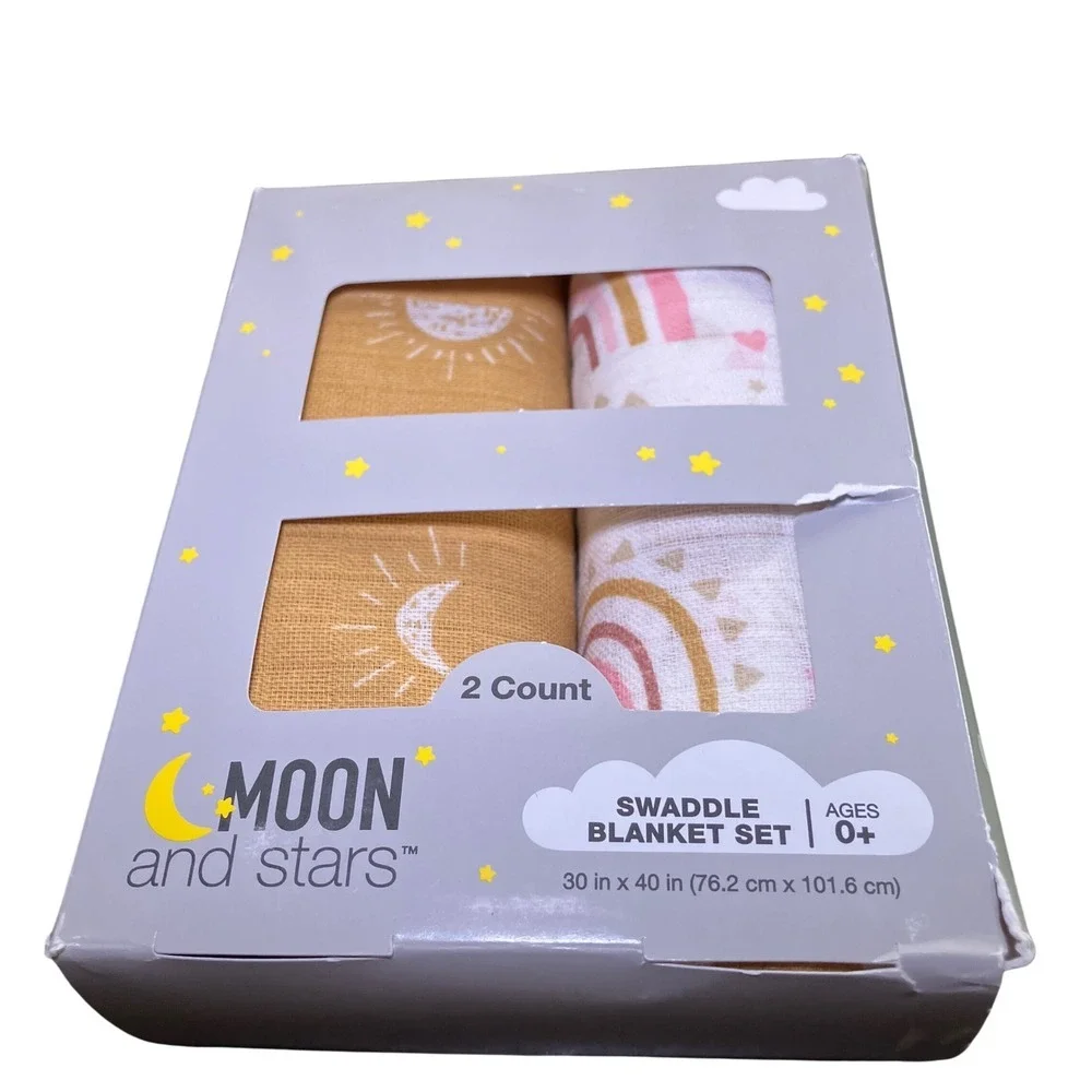 Moon and Stars Swaddle Blanket Set 2 Count 30x40 Sun Rainbow Print Ages 0+